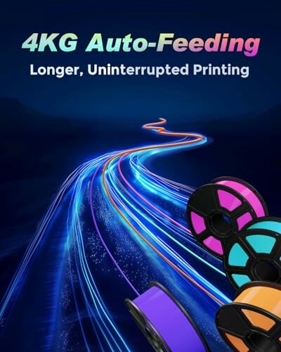 4KG auto-feeding for longer, uninterrupted 3D printing with colorful filament spools.
