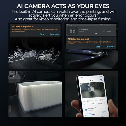 AI camera monitoring 3D printing process with error detection and time-lapse features