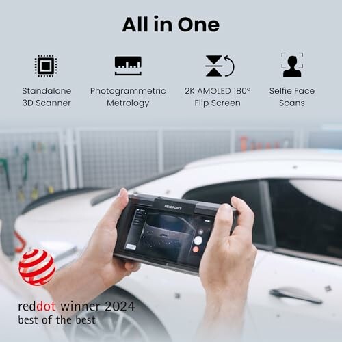 Person using a handheld device for scanning a car with features listed above.