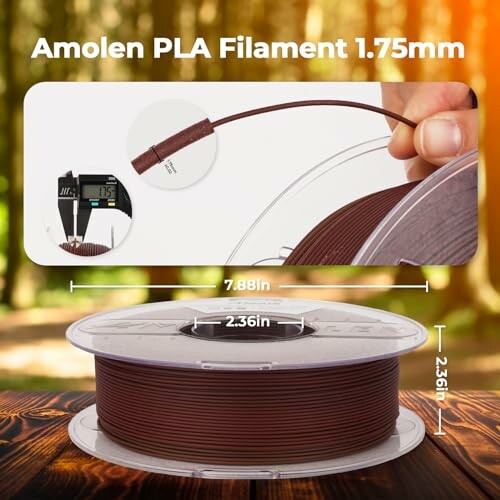 Amolen PLA filament 1.75mm spool with measurement details.