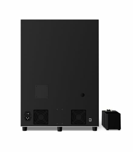 Back view of a black rectangular electronic device with ports and a small attached component.