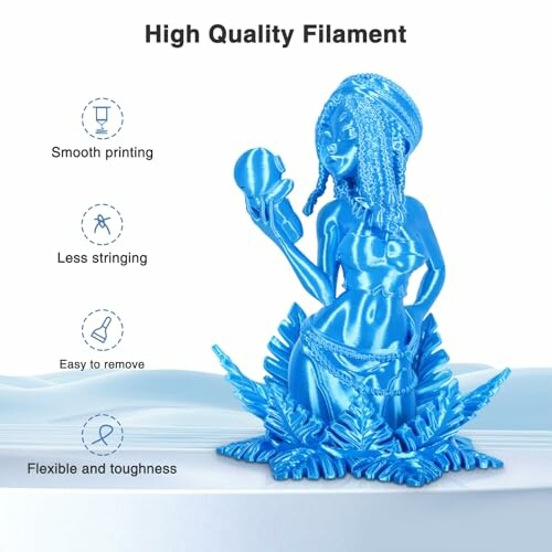 Blue 3D printed figure of a woman with plant base and filament features.