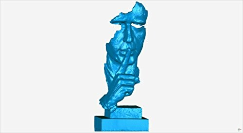 Blue sculpture of a face with finger on lips.