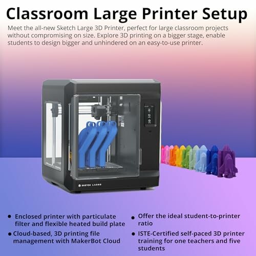 Classroom setup with large 3D printer and colorful models.