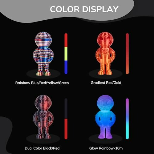 Four color display figurines with different color patterns.