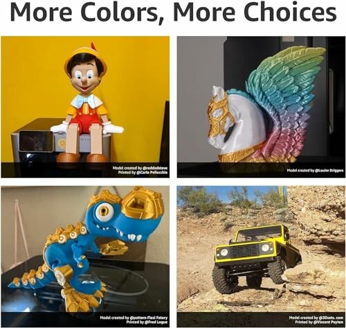 Four colorful 3D-printed models: Pinocchio, a unicorn bust, a dinosaur, and a yellow off-road vehicle.