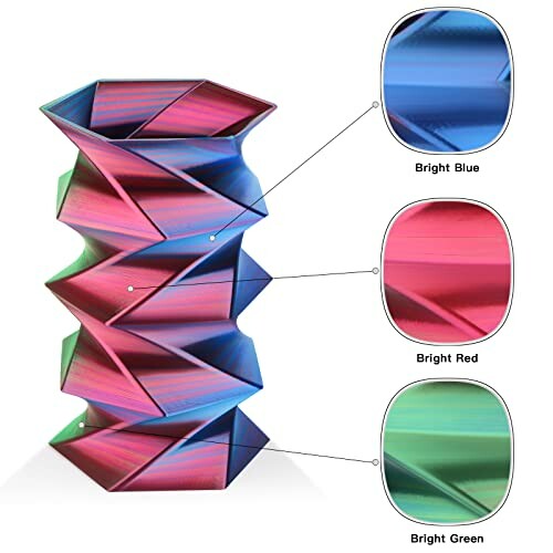 Colorful 3D printed vase with bright blue, red, and green sections.