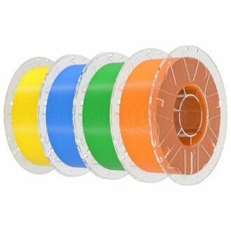 Four spools of 3D printer filament in yellow, blue, green, and orange.
