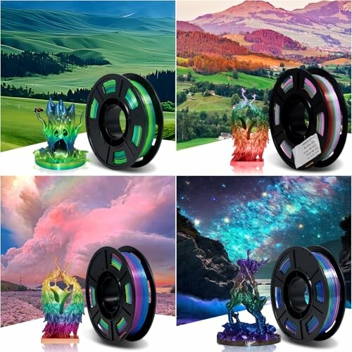 Various colorful 3D printer filaments with printed models.