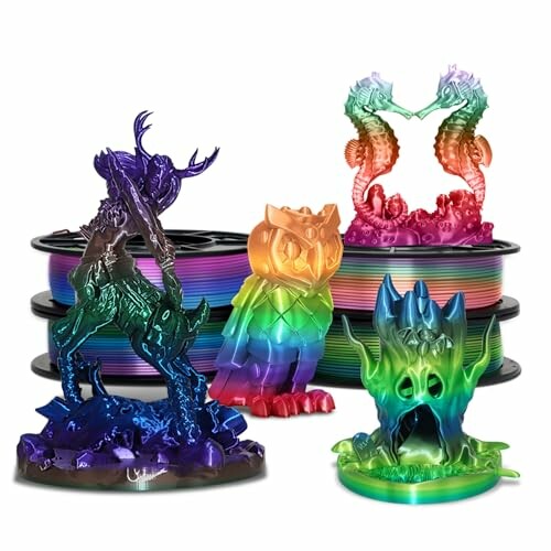 Colorful 3D printed figures with filament spools.