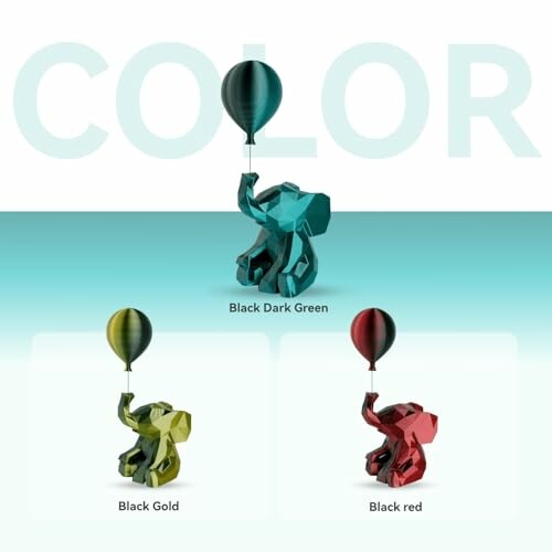 Three colorful elephant sculptures holding balloons.