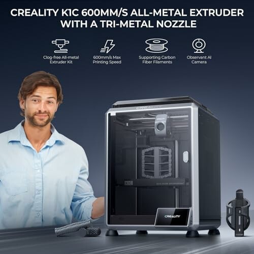 Creality K1C 3D printer advertisement with features highlighted