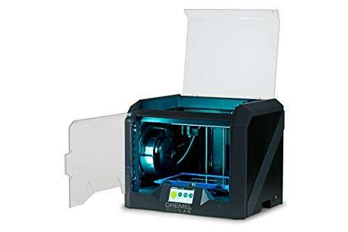 Dremel 3D printer with open door and visible printing area.