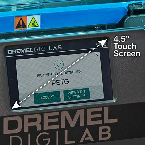 Dremel 3D printer with 4.5 inch touch screen display showing filament detection.