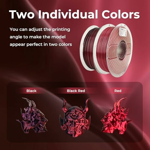 Two spools of dual-color 3D printer filament with red and black models.