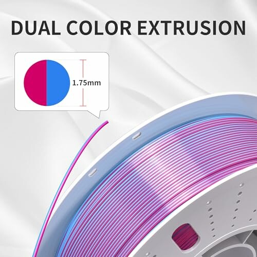 Dual color 3D printing filament spool showing pink and blue strands with 1.75mm thickness.