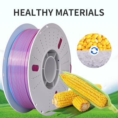 Biodegradable filament spool with corn and material symbols.