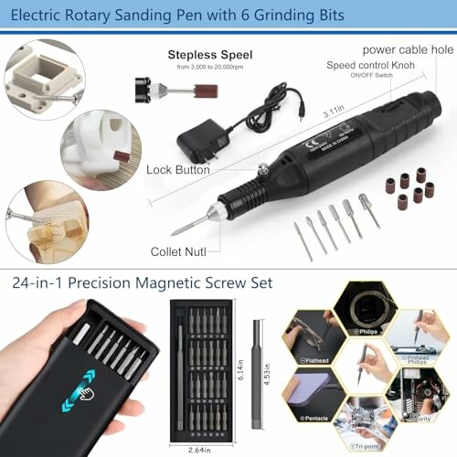 Electric rotary sanding pen with six grinding bits and 24-in-1 precision magnetic screw set.