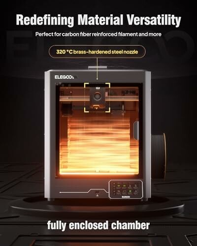 Elegoo 3D printer with enclosed chamber and high-temperature nozzle.