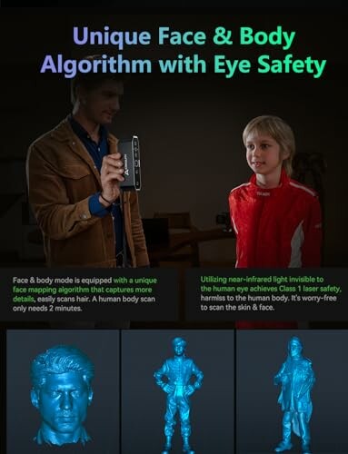 Person using a device for face and body scanning with safety features.