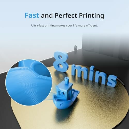 3D printed blue boat with '8 mins' text highlighting fast printing.