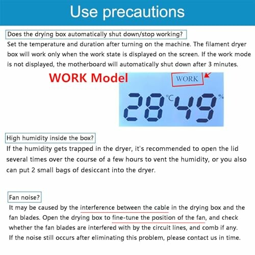 Instructions for using a filament dryer, WORK model.
