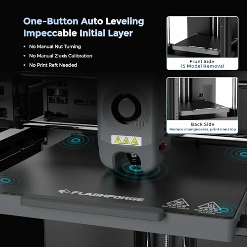 Flashforge 3D printer with auto leveling feature and easy model removal.