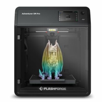 Flashforge 3D printer with a dragon figurine inside.
