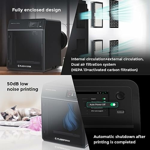 FlashForge 3D printer with enclosed design, dual air filtration, low noise, and auto shutdown.