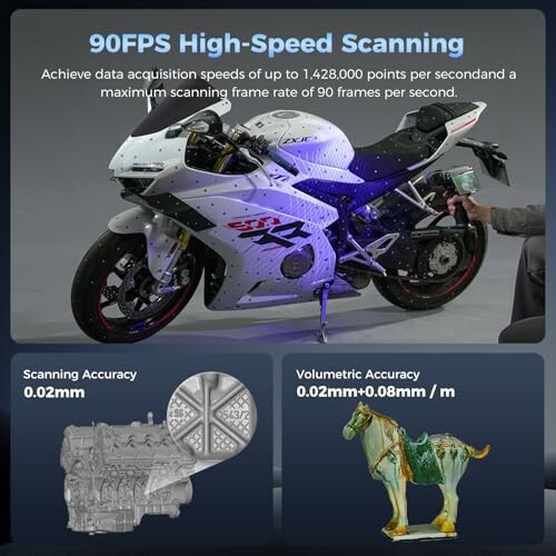 High-speed 3D scanning of a motorcycle with specifications on scanning accuracy and volumetric accuracy.