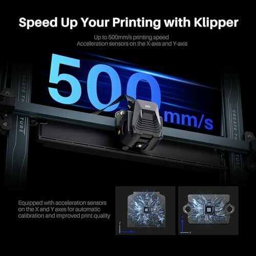 3D printer Klipper speed display with 500 mm/s and acceleration sensors, showcasing its impressive capabilities and performance.