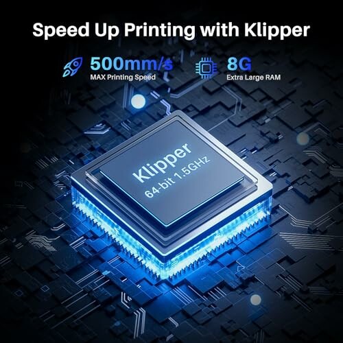 3D printing speed enhancement with Klipper chip illustration.
