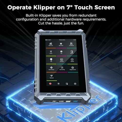 Klipper interface displayed on a 7-inch touch screen device, showcasing the Sovol T500's advanced technology.