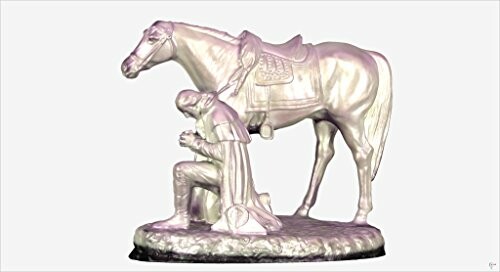Statue of a kneeling figure beside a horse.
