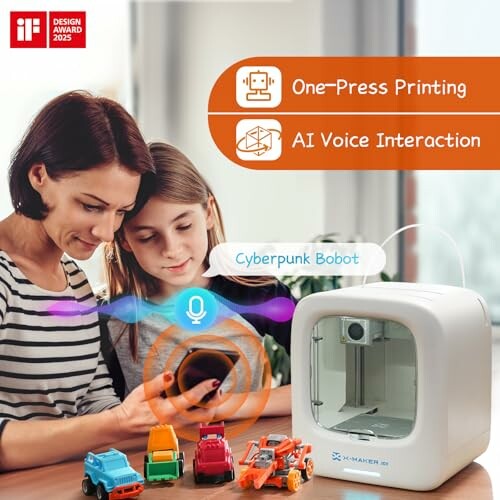 Mother and daughter using a 3D printer with AI voice interaction.