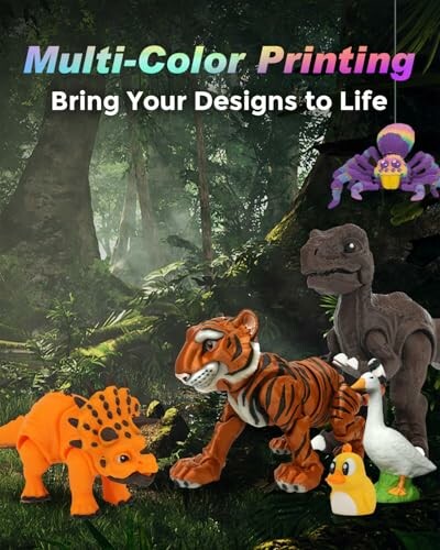 Colorful 3D printed animals in a forest setting, showcasing the AD5X's vibrant print quality and versatility.