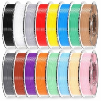 Multiple spools of 3D printer filament in various colors.