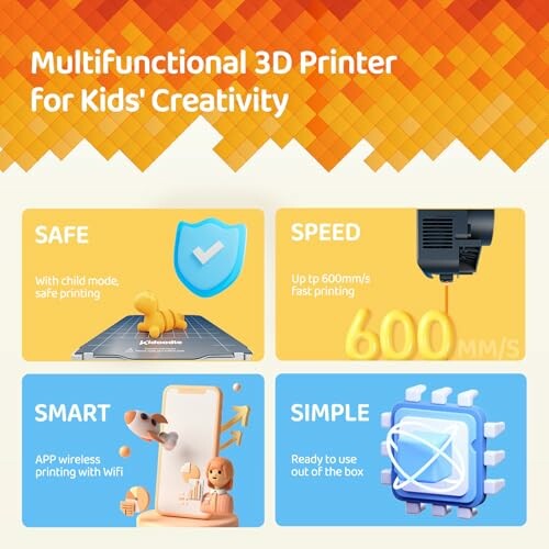 Infographic of multifunctional 3D printer features for kids: safe, speed, smart, simple.