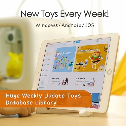 Tablet displaying a toy database library with new toys every week.