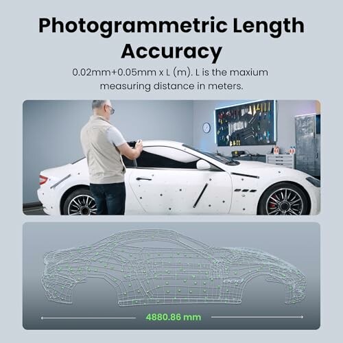 Man measuring car with photogrammetric tools, showing accuracy details.