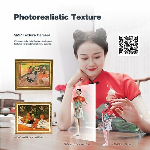 Photorealistic texture camera advertisement showcasing scanned paintings and a 3D printed figure.