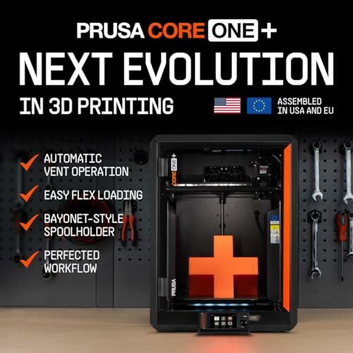 Prusa Core One Plus 3D printer with features listed and tools in the background.
