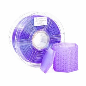 Purple 3D printer filament spool with printed object.