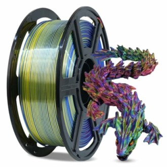 Spool of rainbow 3D printer filament with a colorful dragon model.