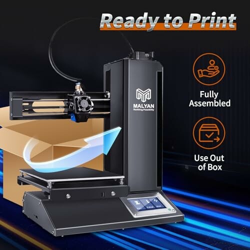 3D printer ready to use, fully assembled, with packaging box.