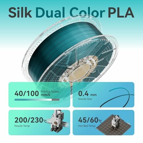 Silk dual color PLA filament spool with printing specifications.