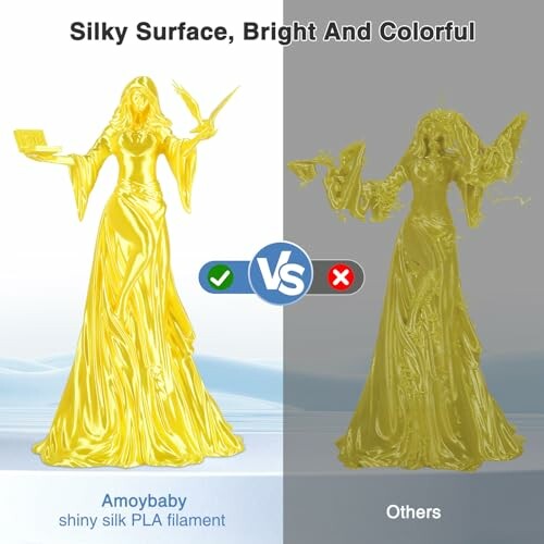 Comparison of Amoybaby shiny silk PLA filament with another filament, highlighting a bright and colorful surface.