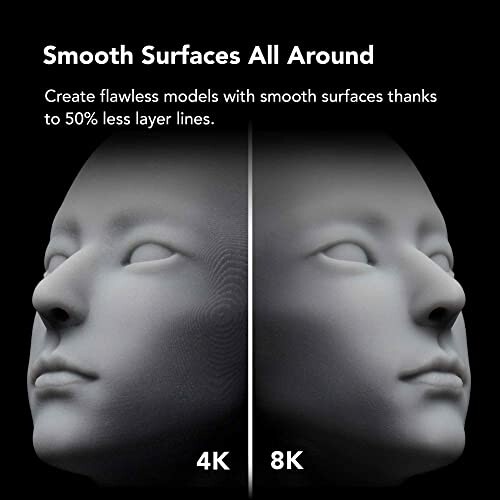 Comparison of 3D prints showing smooth surfaces at 4K and 8K resolution.