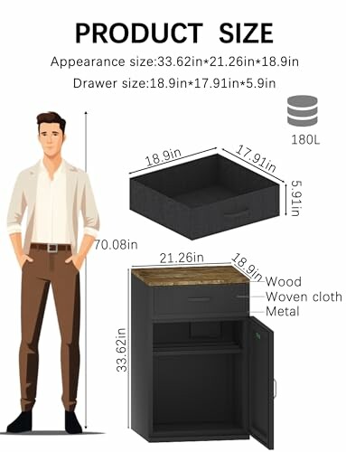 Illustration of a storage cabinet with dimensions and a person for scale.
