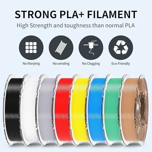 Assorted strong PLA+ filament spools in various colors with benefits icons.